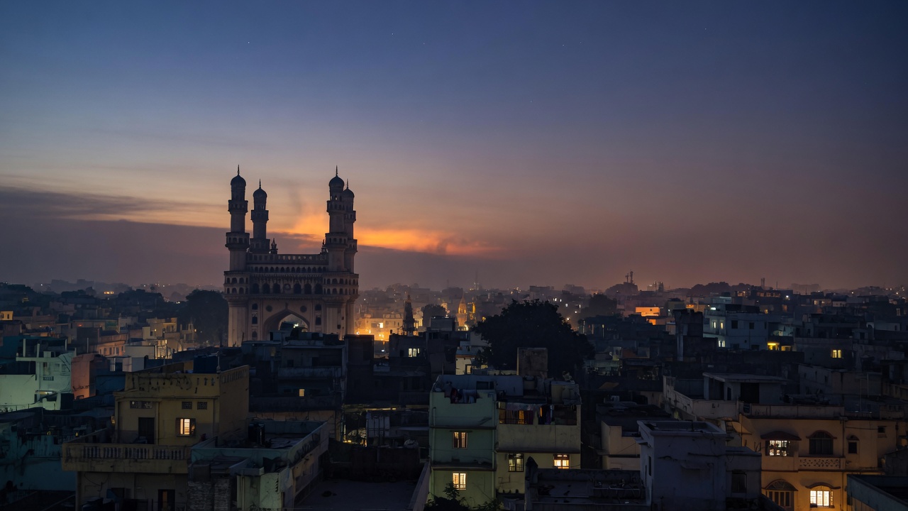 Charminar and Hyderabad rooftops at dusk