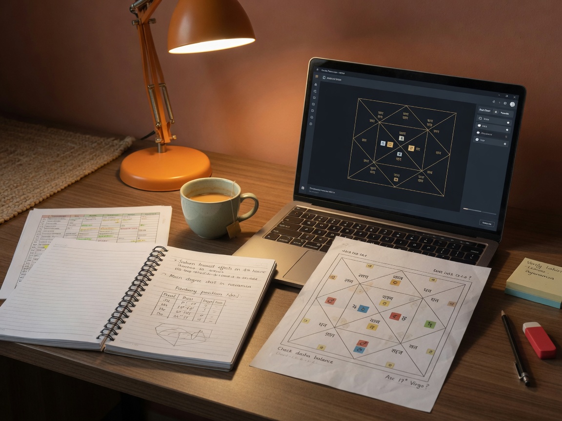 Research desk with notebooks, printed chart, and kundali software on a laptop