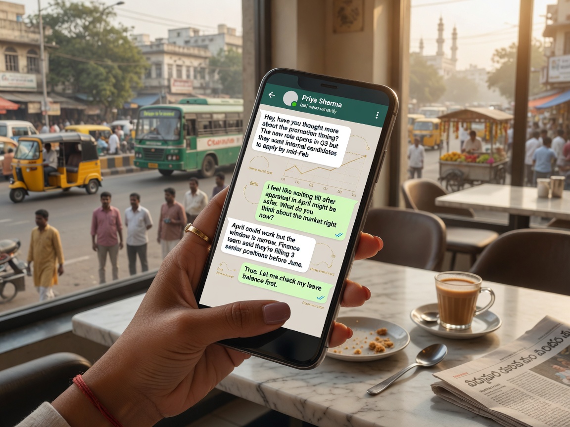 Someone reading a career-timing conversation on their phone in a Hyderabad cafe