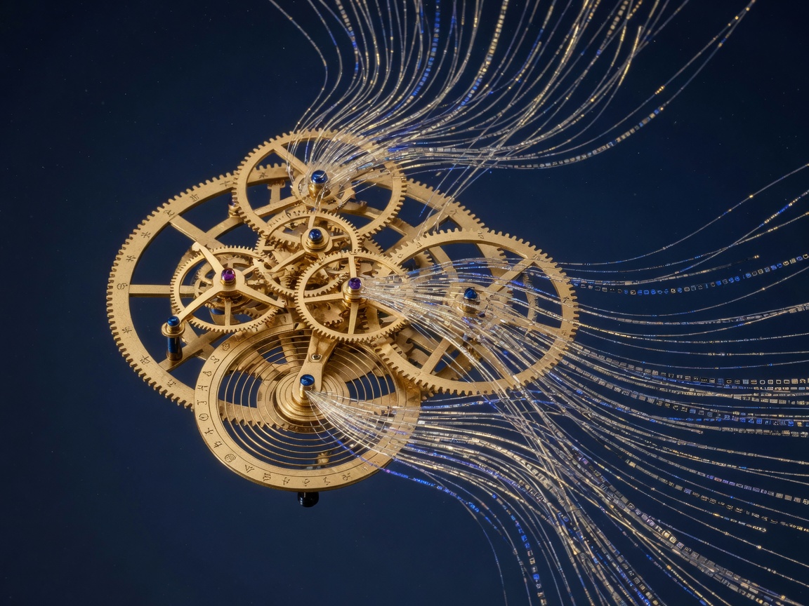 Precision mechanism dissolving into light filaments — ephemeris metaphor
